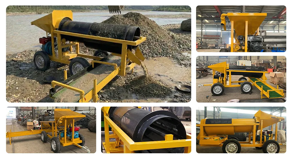Portable gold trommel screen operating at mining site and equipment details Portable gold trommel screen operating at mining site and equipment details